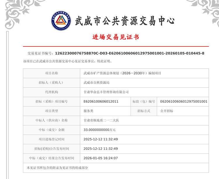 生態(tài)環(huán)境調(diào)查院成功中標(biāo)武威市礦產(chǎn)資源總體規(guī)劃（2026－2030年）編